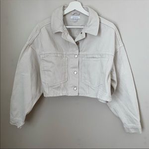 Topshop jacket cropped denim white sand casual trendy neutral basics staple